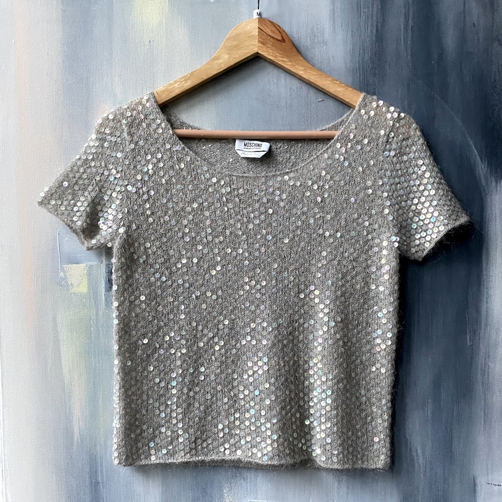 Vintage 90's MOSCHINO Gray Sequin Mohair Crop T-Shirt